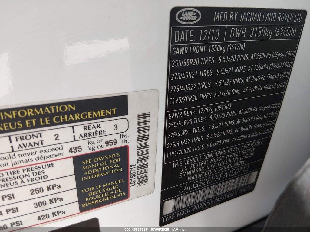 SALGS2EFXEA150712 2014 LAND ROVER RANGE ROVER photo no. 9