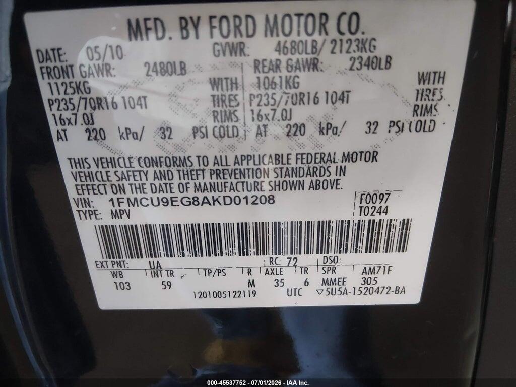 1FMCU9EG8AKD01208 2010 FORD ESCAPE photo no. 9