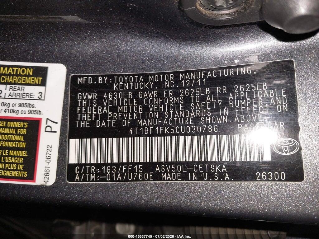 4T1BF1FK5CU030786 2012 TOYOTA CAMRY photo no. 9