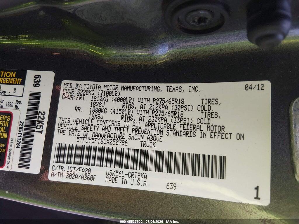5TFUY5F16CX250796 2012 TOYOTA TUNDRA photo no. 9