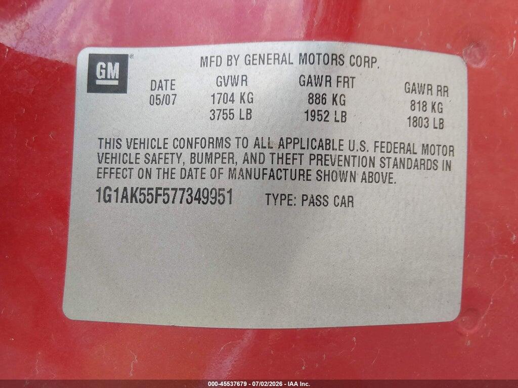 1G1AK55F577349951 2007 CHEVROLET COBALT photo no. 9