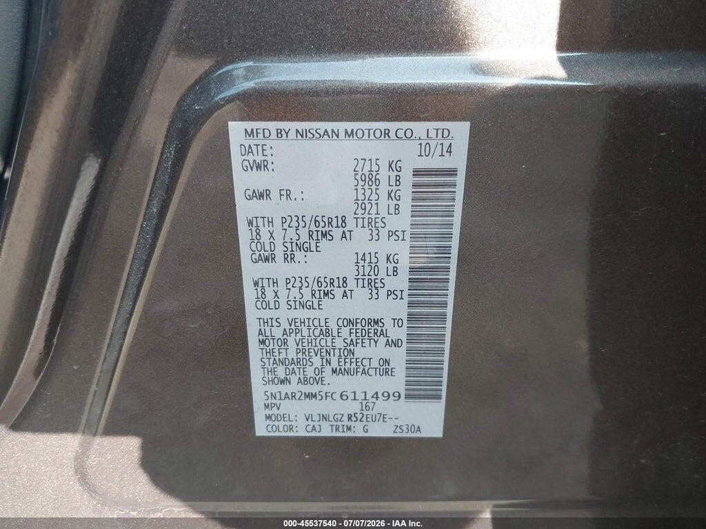 5N1AR2MM5FC611499 2015 NISSAN PATHFINDER photo no. 9
