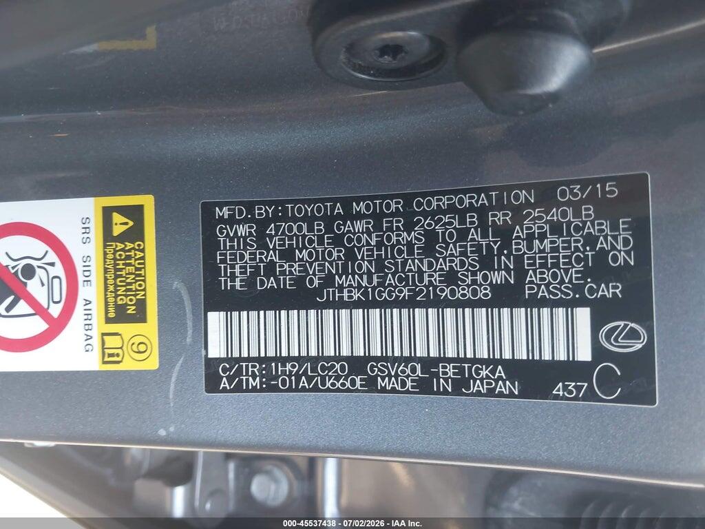 JTHBK1GG9F2190808 2015 LEXUS ES 350 photo no. 9