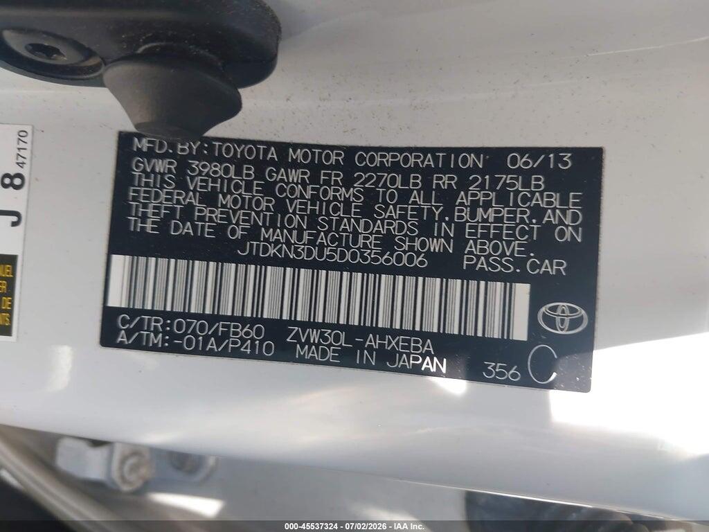 JTDKN3DU5D0356006 2013 TOYOTA PRIUS photo no. 9