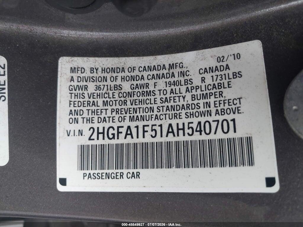 2HGFA1F51AH540701 2010 HONDA CIVIC photo no. 9
