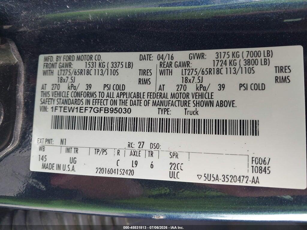 1FTEW1EF7GFB95030 2016 FORD F-150 photo no. 9