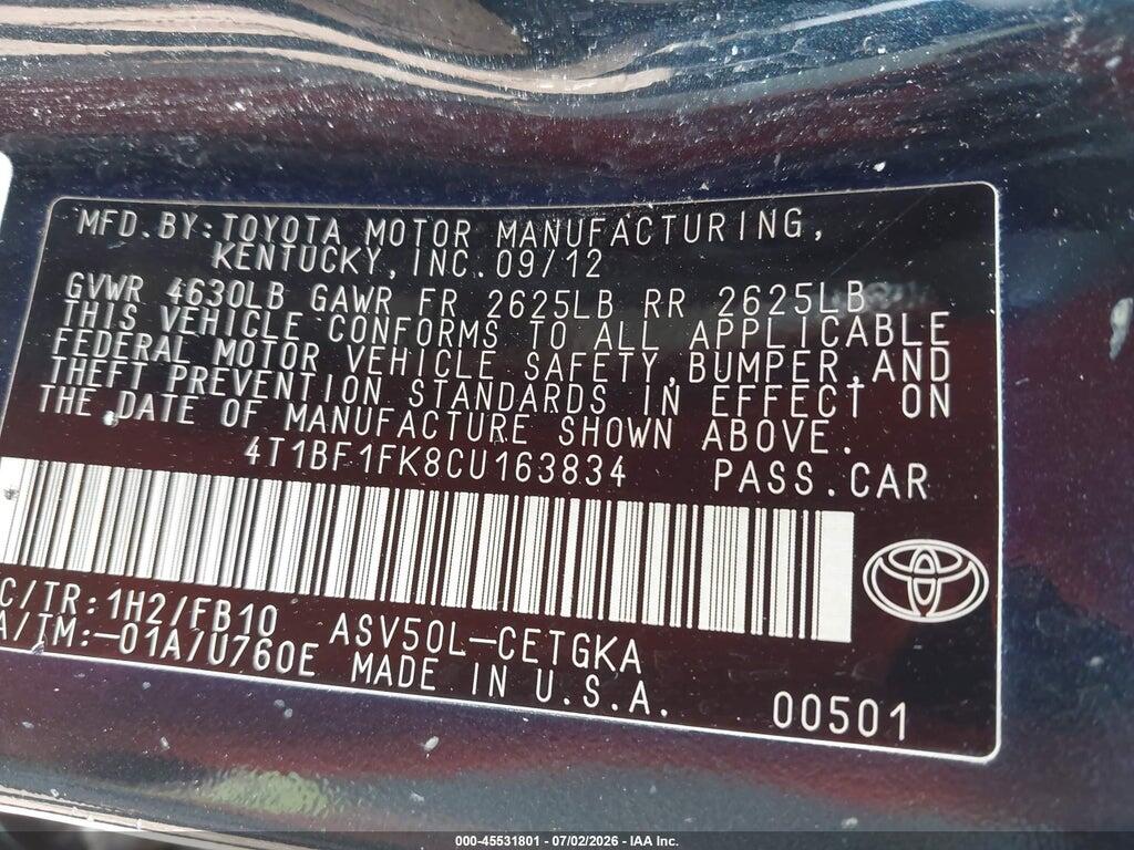 4T1BF1FK8CU163834 2012 TOYOTA CAMRY photo no. 9