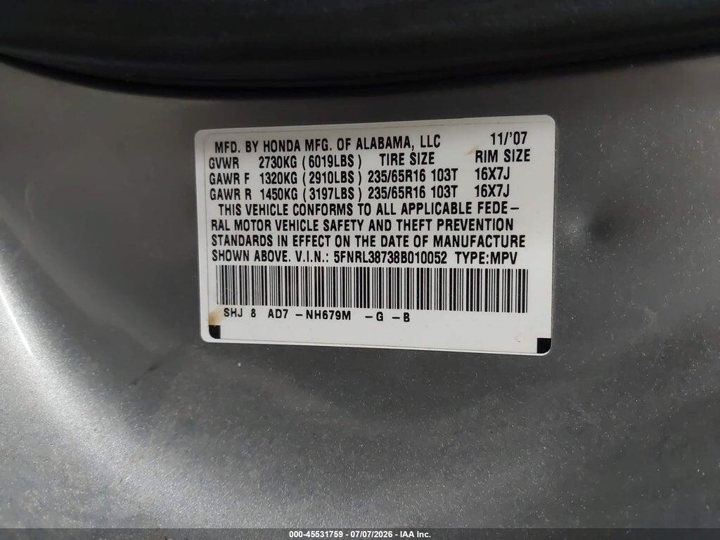 5FNRL38738B010052 2008 HONDA ODYSSEY photo no. 9