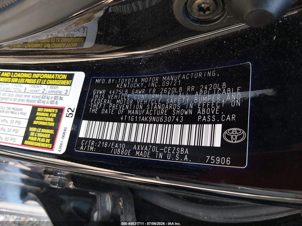 4T1G11AK9NU630743 2022 TOYOTA CAMRY photo no. 9