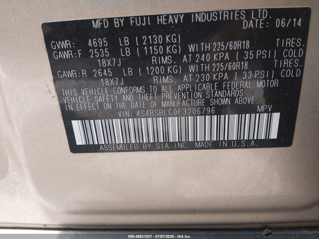 4S4BSBLC0F3206796 2015 SUBARU OUTBACK photo no. 9