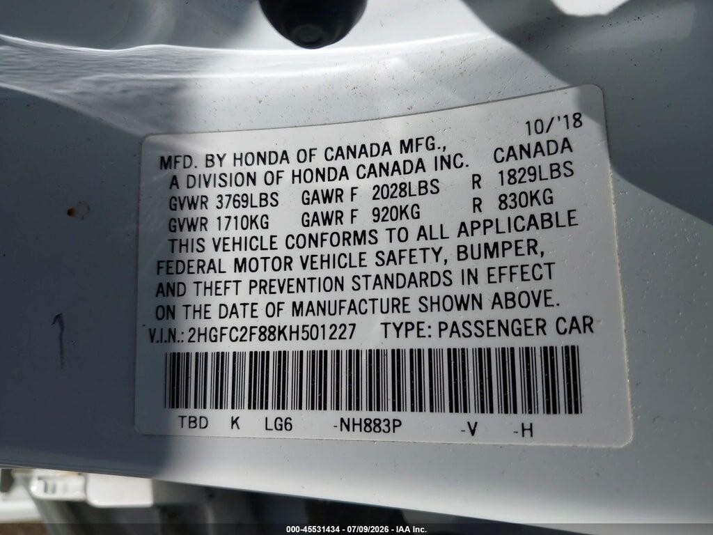 2HGFC2F88KH501227 2019 HONDA CIVIC photo no. 9