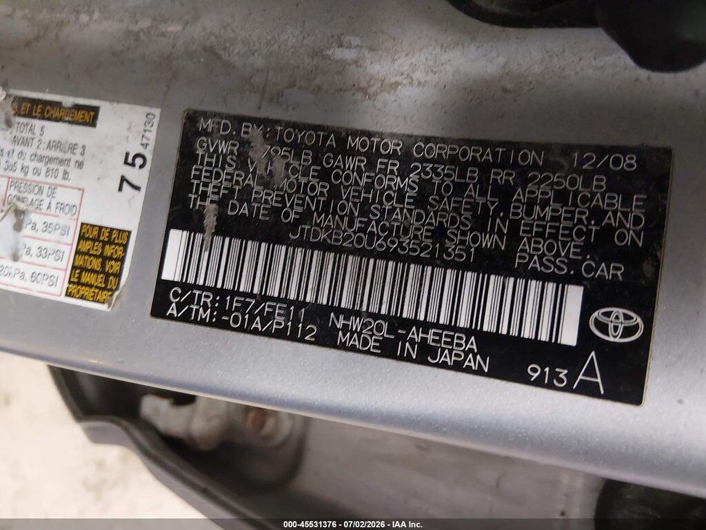 JTDKB20U693521351 2009 TOYOTA PRIUS photo no. 9