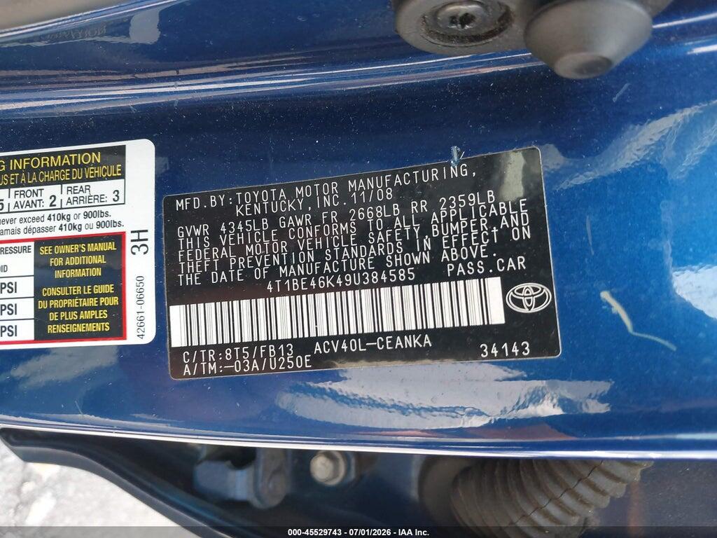 4T1BE46K49U384585 2009 TOYOTA CAMRY photo no. 9