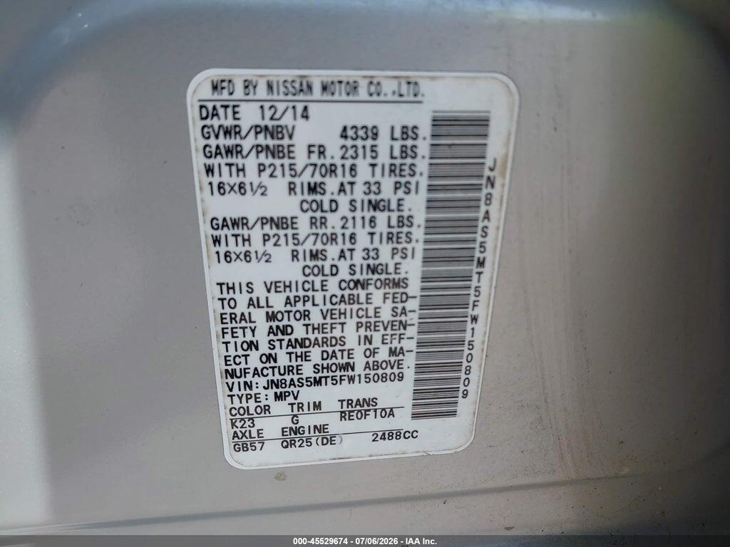 JN8AS5MT5FW150809 2015 NISSAN ROGUE SELECT photo no. 9
