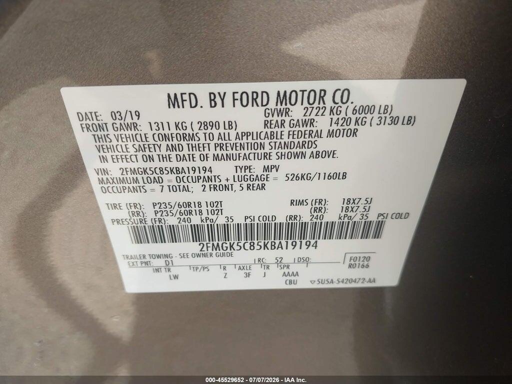 2FMGK5C85KBA19194 2019 FORD FLEX photo no. 9