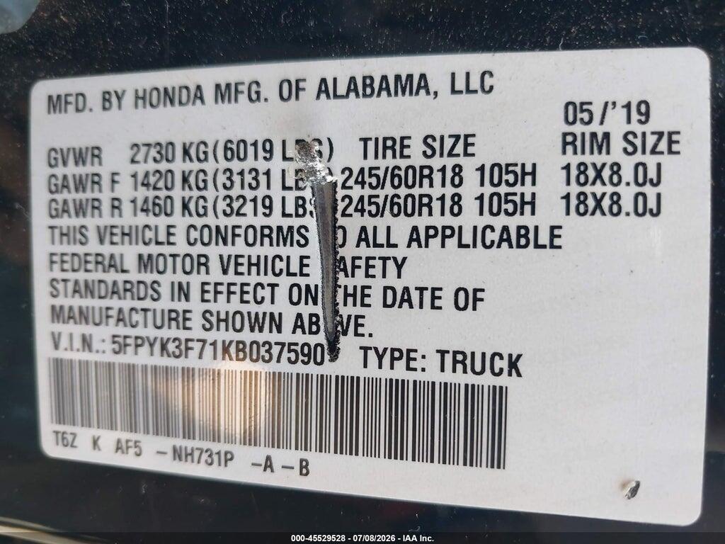 5FPYK3F71KB037590 2019 HONDA RIDGELINE photo no. 9