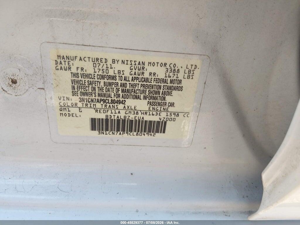 3N1CN7AP9CL804942 2012 NISSAN VERSA photo no. 9