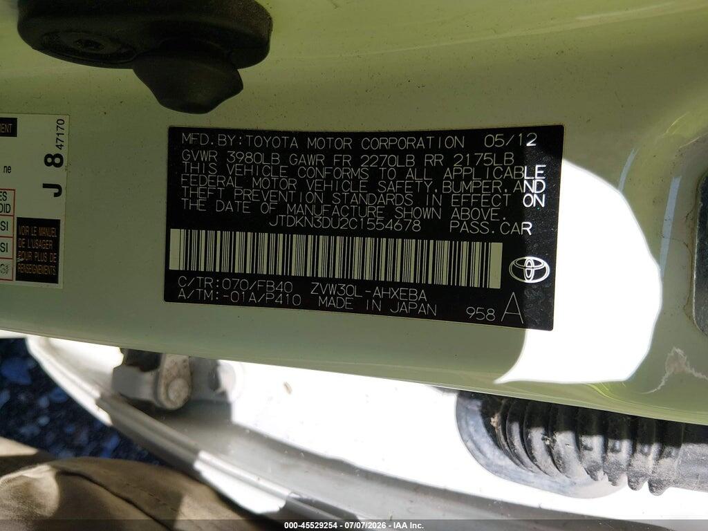 JTDKN3DU2C1554678 2012 TOYOTA PRIUS photo no. 9