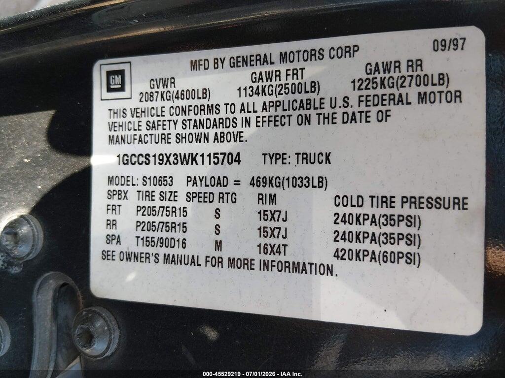 1GCCS19X3WK115704 1998 CHEVROLET S-10 photo no. 9