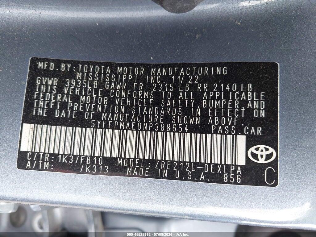5YFEPMAE0NP388654 2022 TOYOTA COROLLA photo no. 9