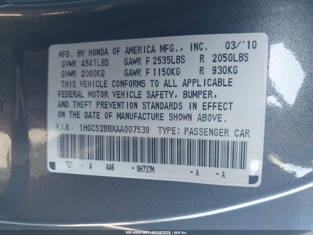 1HGCS2B8XAA007539 2010 HONDA ACCORD photo no. 9