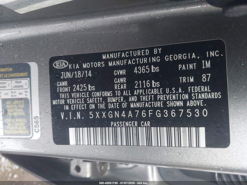 5XXGN4A76FG367530 2015 KIA OPTIMA photo no. 9