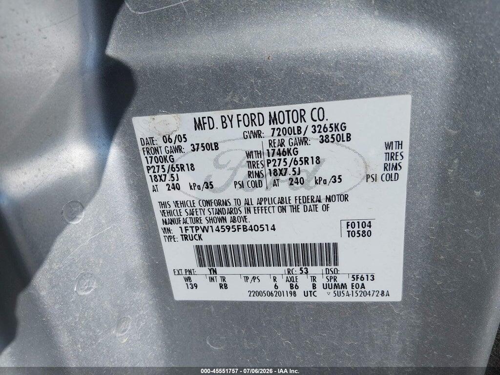 1FTPW14595FB40514 2005 FORD F-150 photo no. 9