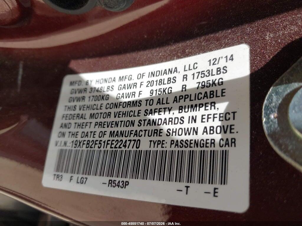 19XFB2F51FE224770 2015 HONDA CIVIC photo no. 9