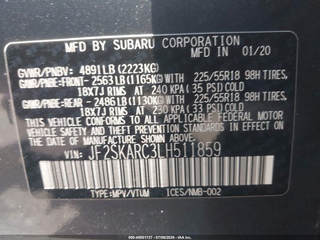 JF2SKARC3LH511859 2020 SUBARU FORESTER photo no. 9