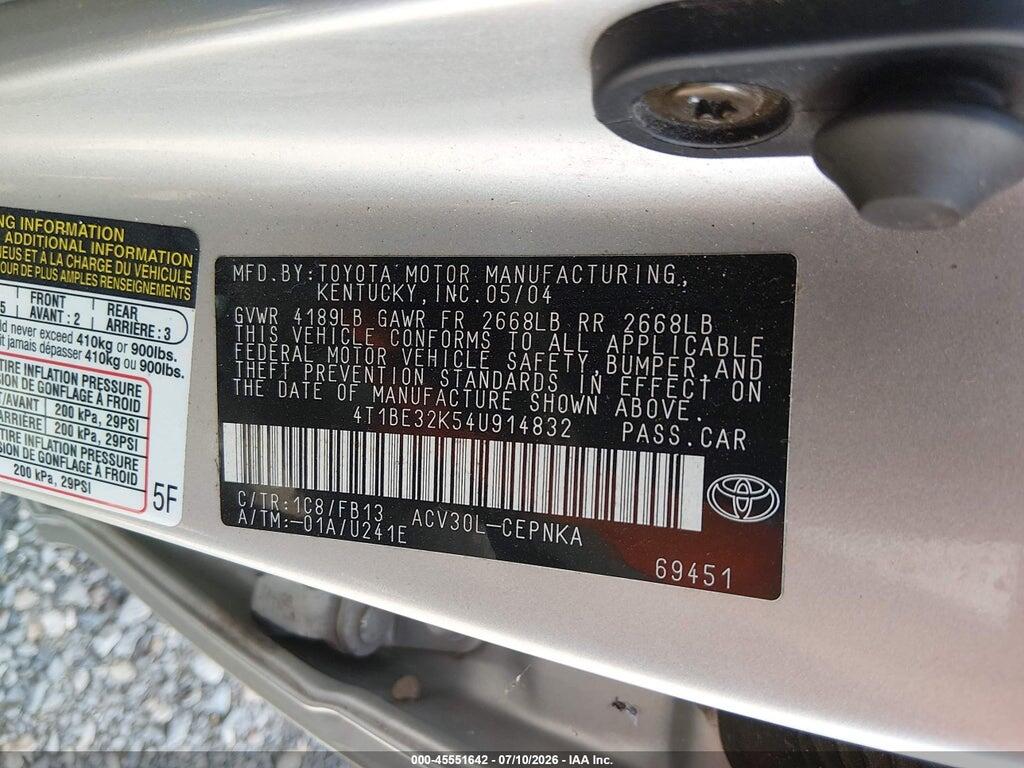 4T1BE32K54U914832 2004 TOYOTA CAMRY photo no. 9