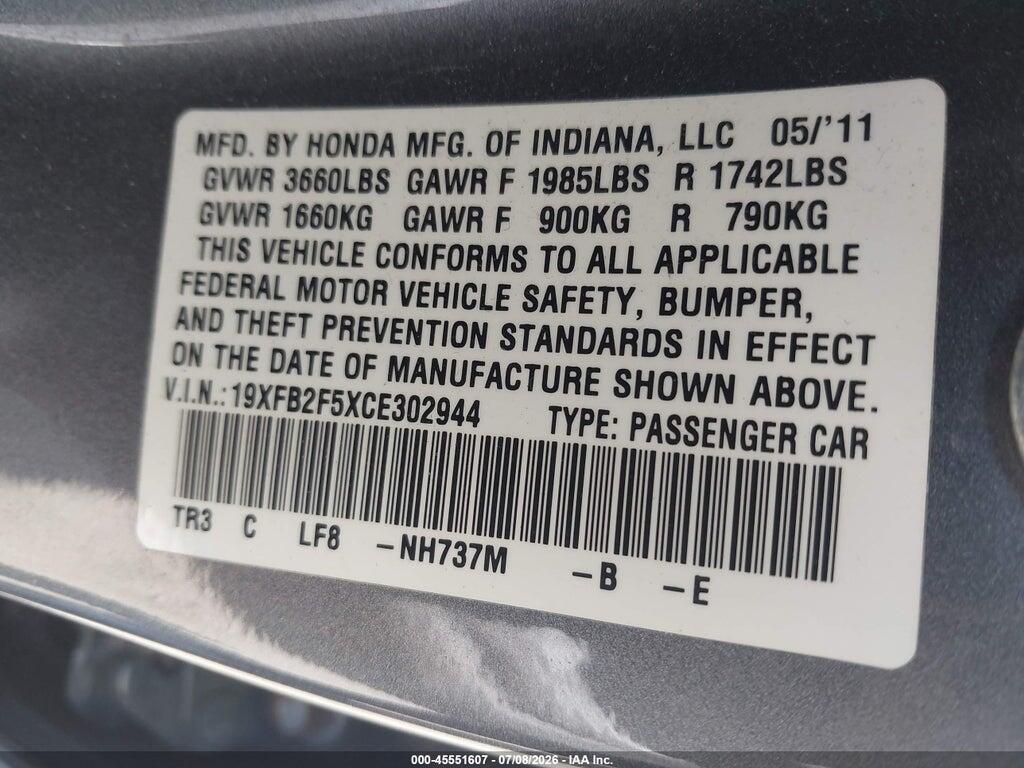 19XFB2F5XCE302944 2012 HONDA CIVIC photo no. 9