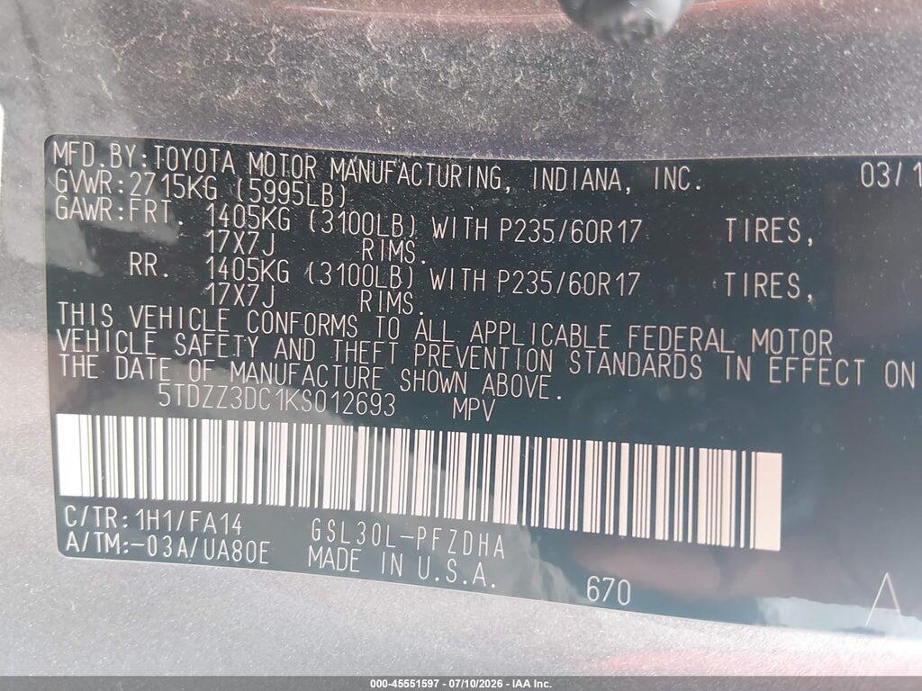 5TDZZ3DC1KS012693 2019 TOYOTA SIENNA photo no. 9