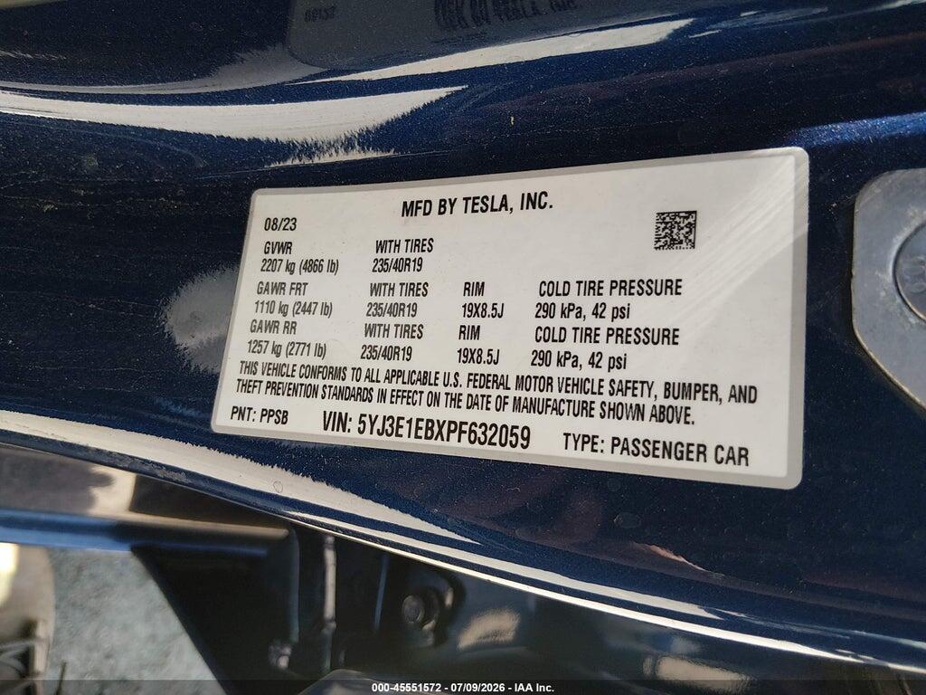 5YJ3E1EBXPF632059 2023 TESLA MODEL 3 photo no. 9