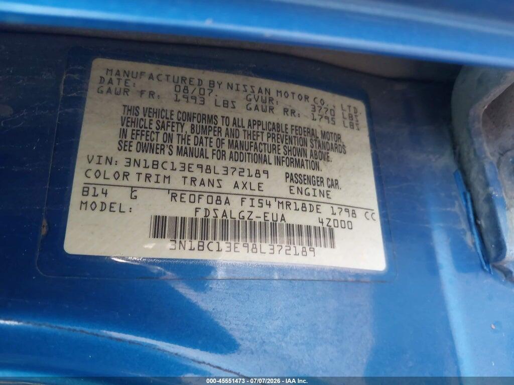 3N1BC13E98L372189 2008 NISSAN VERSA photo no. 9