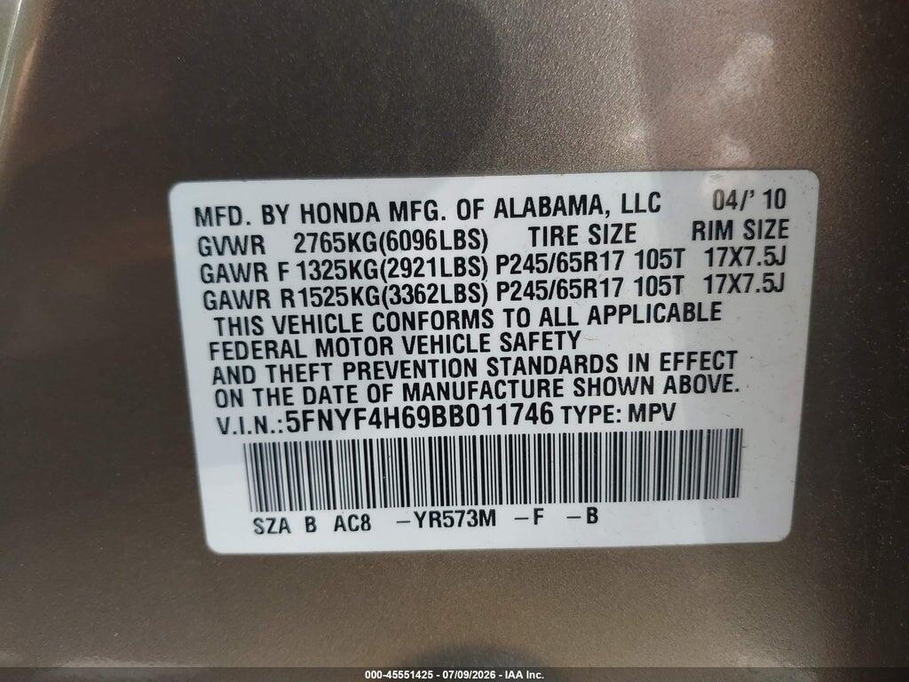 5FNYF4H69BB011746 2011 HONDA PILOT photo no. 9
