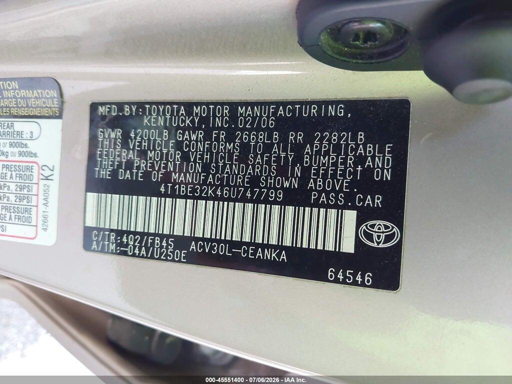 4T1BE32K46U747799 2006 TOYOTA CAMRY photo no. 9