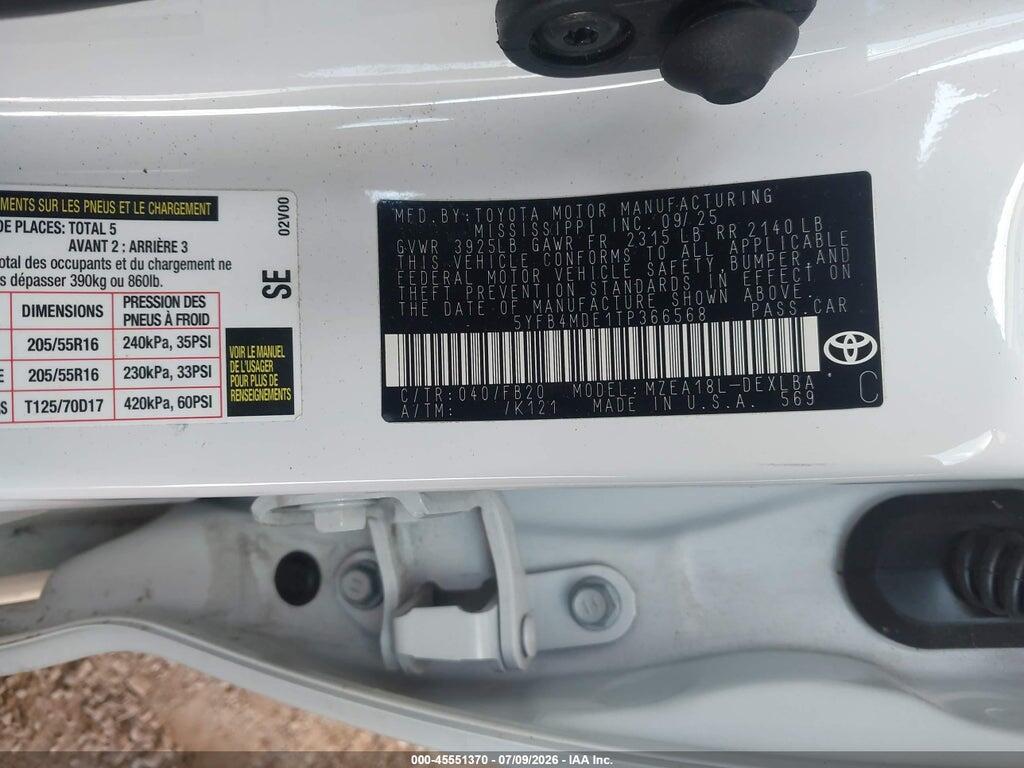 5YFB4MDE1TP366568 2026 TOYOTA COROLLA photo no. 9