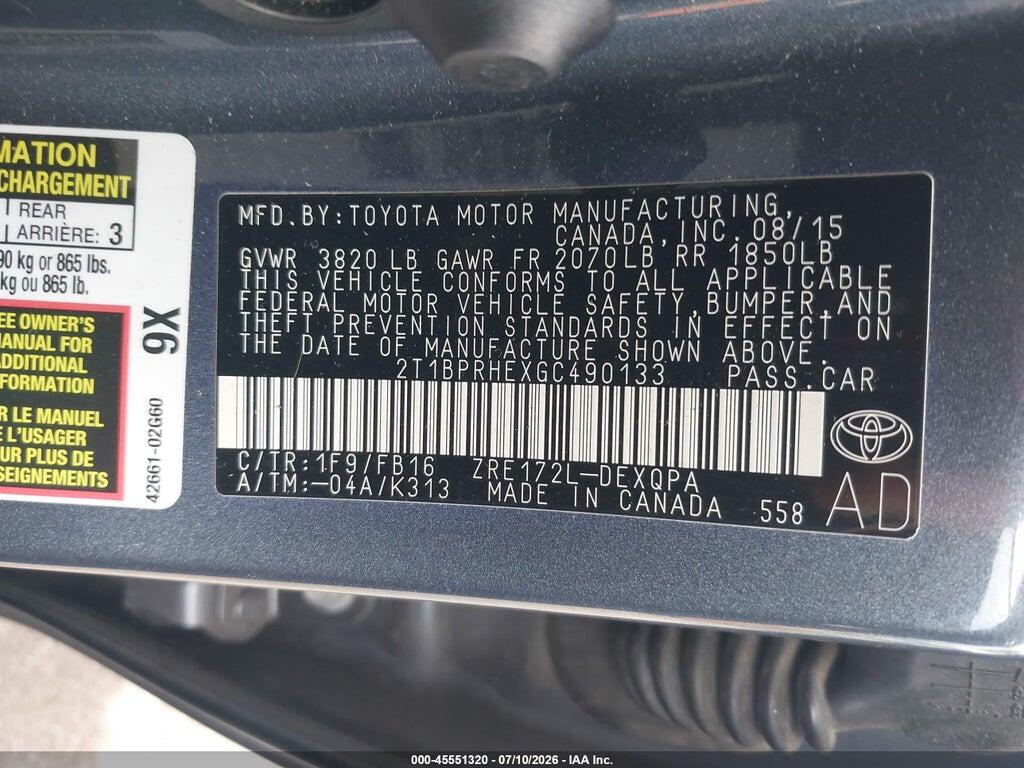 2T1BPRHEXGC490133 2016 TOYOTA COROLLA photo no. 9