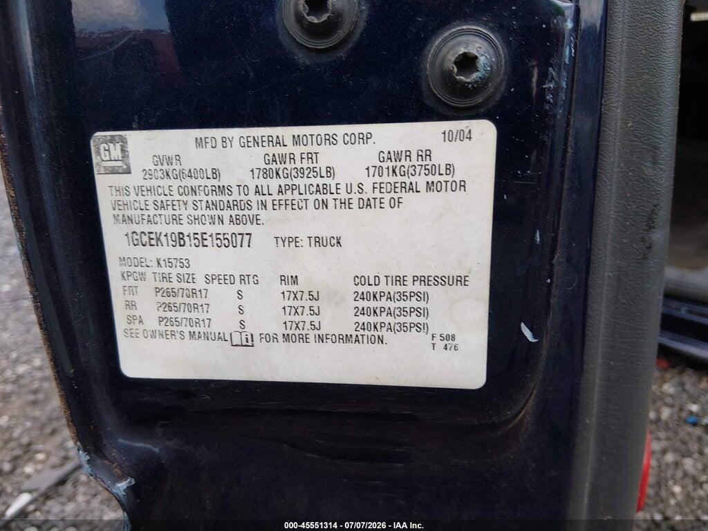 1GCEK19B15E155077 2005 CHEVROLET SILVERADO 1500 photo no. 9