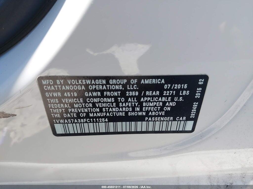 1VWAS7A38FC111254 2015 VOLKSWAGEN PASSAT photo no. 9