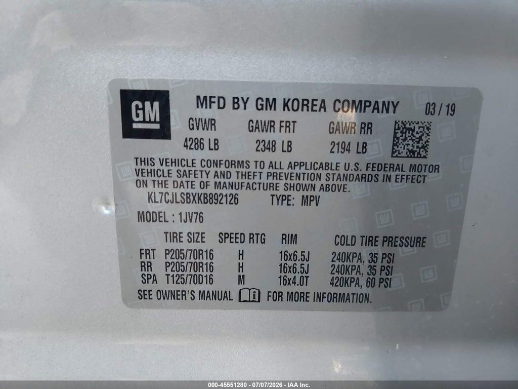 KL7CJLSBXKB892126 2019 CHEVROLET TRAX photo no. 9