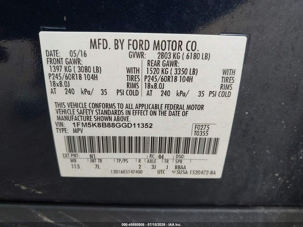 1FM5K8B88GGD11352 2016 FORD EXPLORER photo no. 9