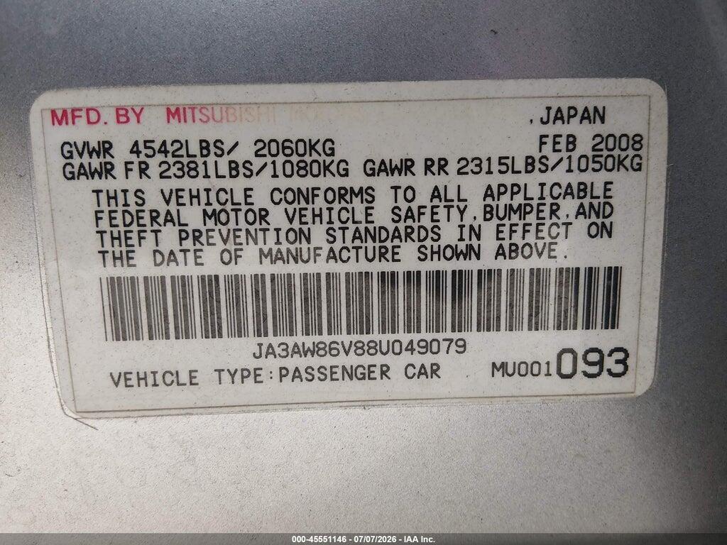 JA3AW86V88U049079 2008 MITSUBISHI LANCER EVOLUTION photo no. 9
