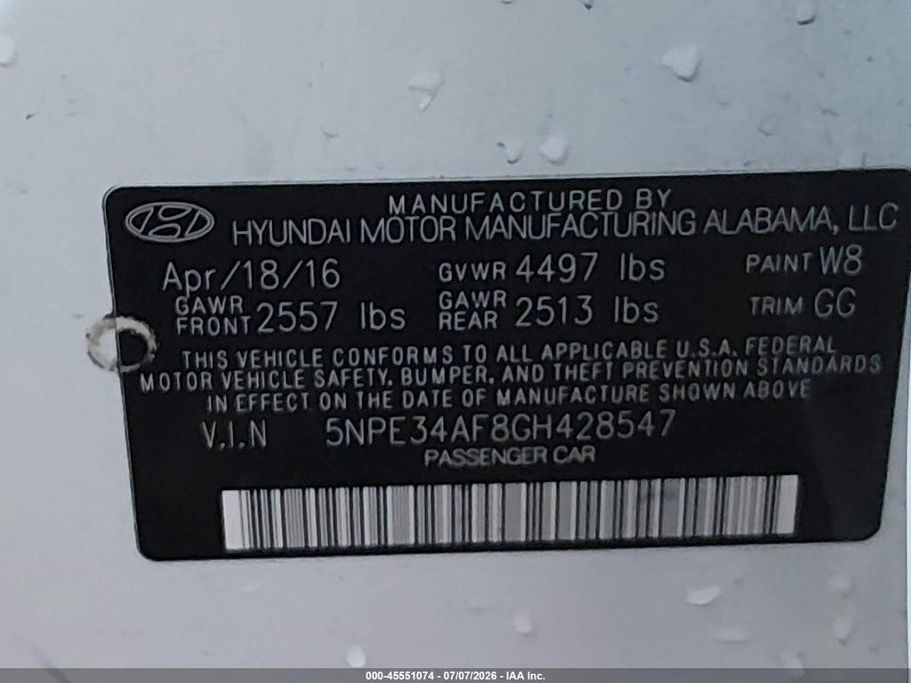 5NPE34AF8GH428547 2016 HYUNDAI SONATA photo no. 9
