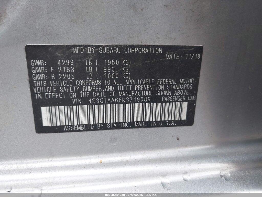 4S3GTAA68K3719089 2019 SUBARU IMPREZA photo no. 9