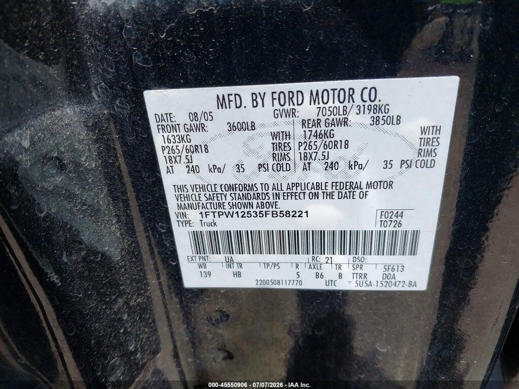 1FTPW12535FB58221 2005 FORD F-150 photo no. 9