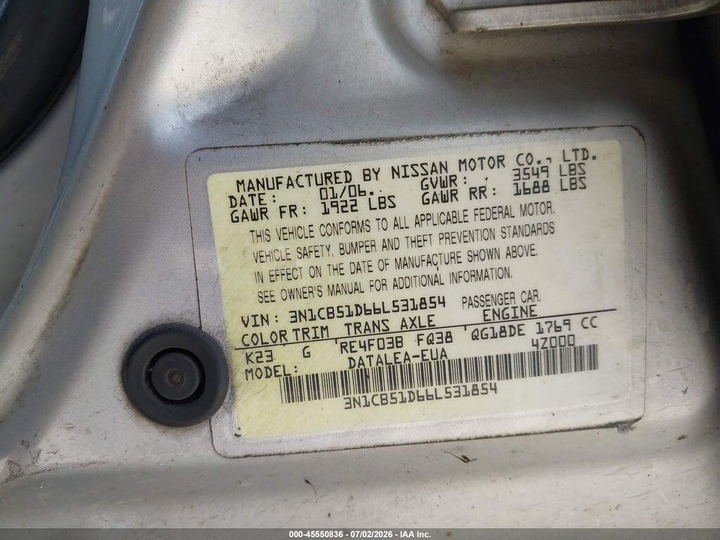 3N1CB51D66L531854 2006 NISSAN SENTRA photo no. 9