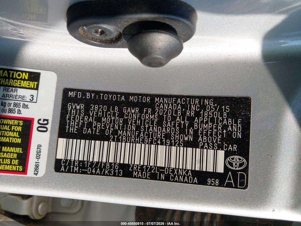 2T1BURHE9FC419125 2015 TOYOTA COROLLA photo no. 9