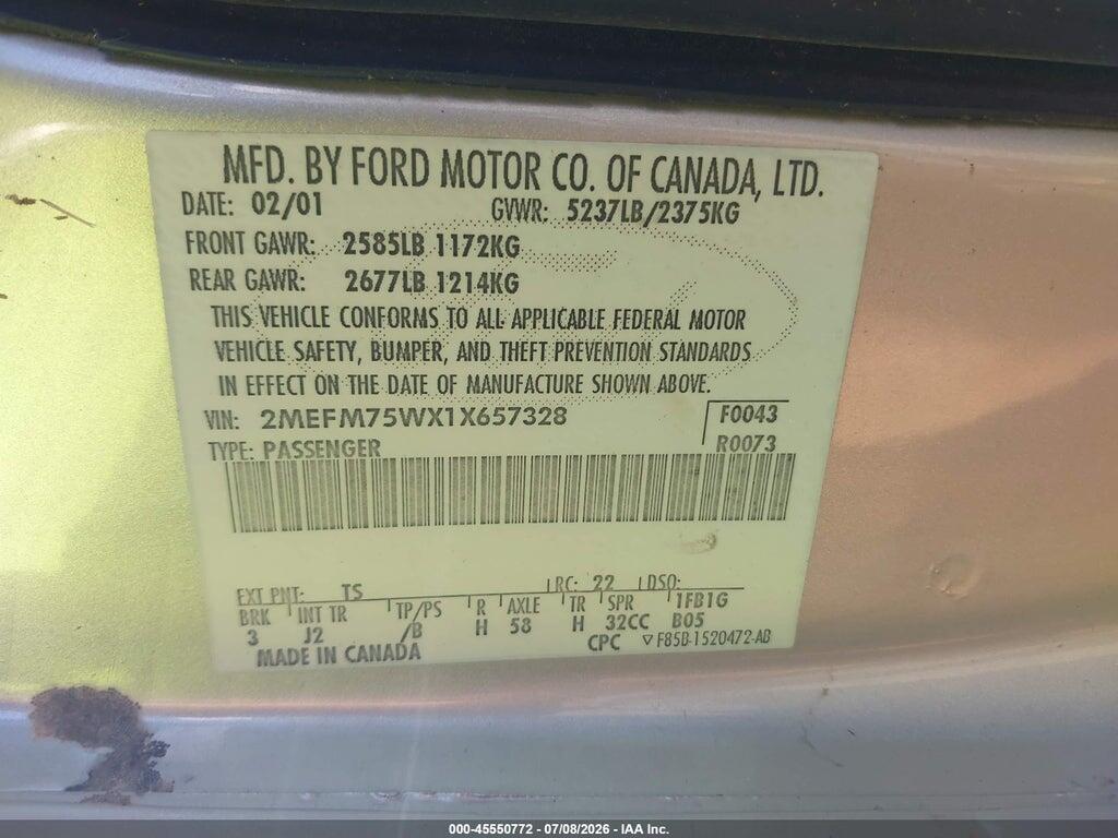 2MEFM75WX1X657328 2001 MERCURY GRAND MARQUIS photo no. 9