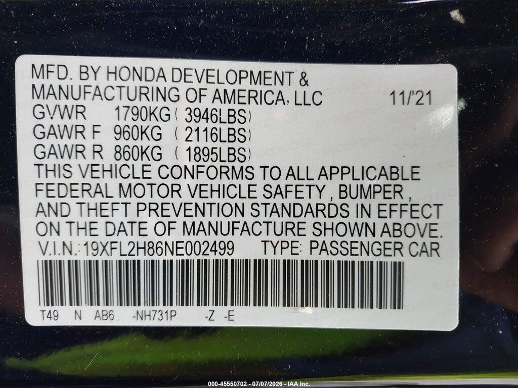 19XFL2H86NE002499 2022 HONDA CIVIC photo no. 9